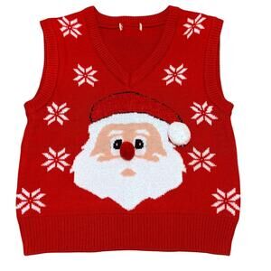 Festive Santa Claus Christmas Sweater Vest 3D Pom Pom Nose Red Knit Holiday Jr S